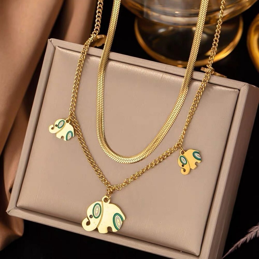 Color Drawing 5 Elephants Charm 2-Layer Choker Necklaces - Picture 2 of 6